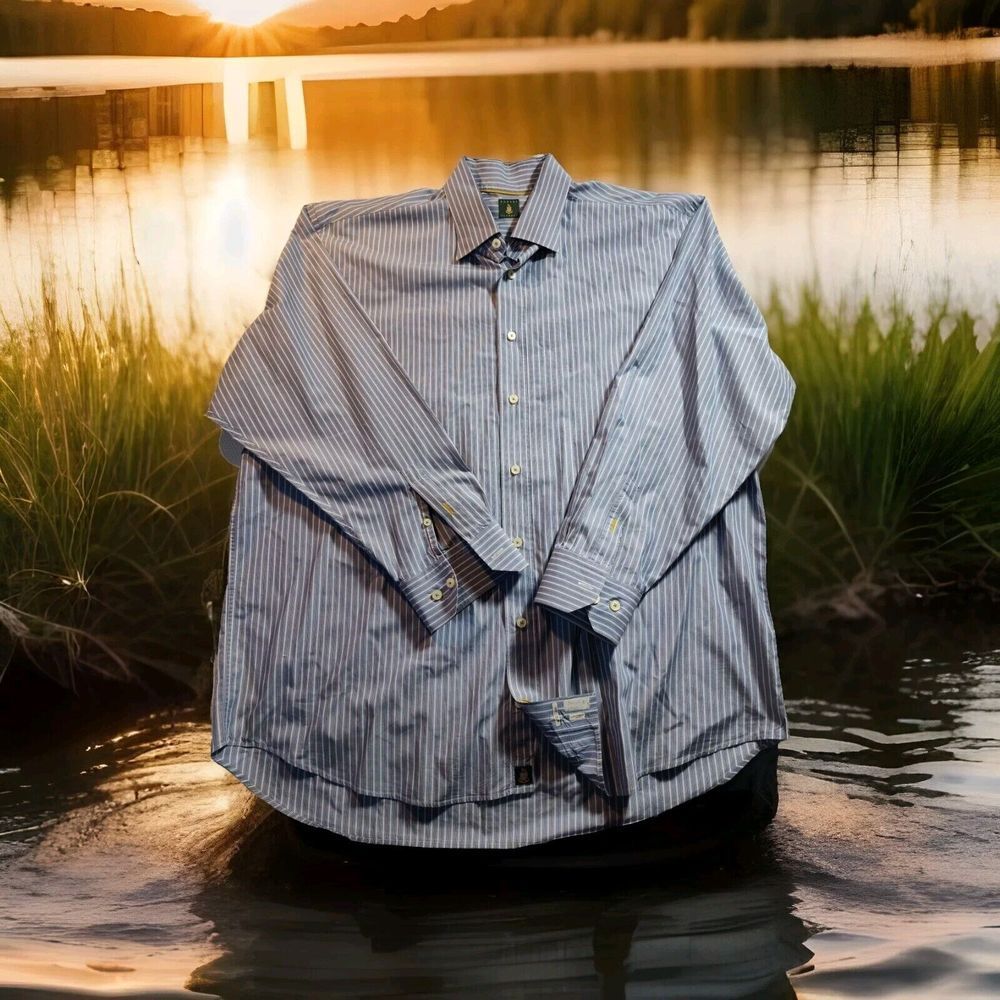 Robert Talbott Mens Long Sleeve Striped Blue XXL Shirt Hidden Collar Button 1030